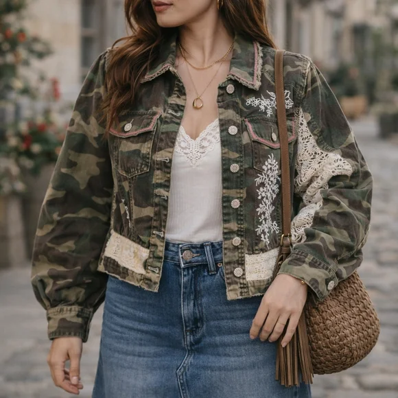 NWOT POL Camo Lace Embroidered Jacket – Boho Luxe Statement Layer Size Large - Picture 2 of 12